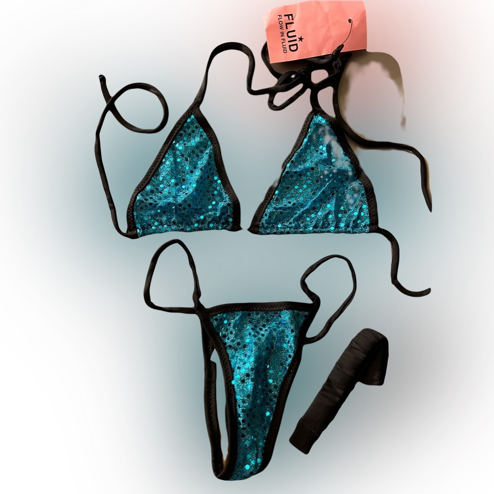NWT Sexy Skimpy Handmade Tri-Top Thong Bottom Bikini w/ Appliqués & Leg Garter